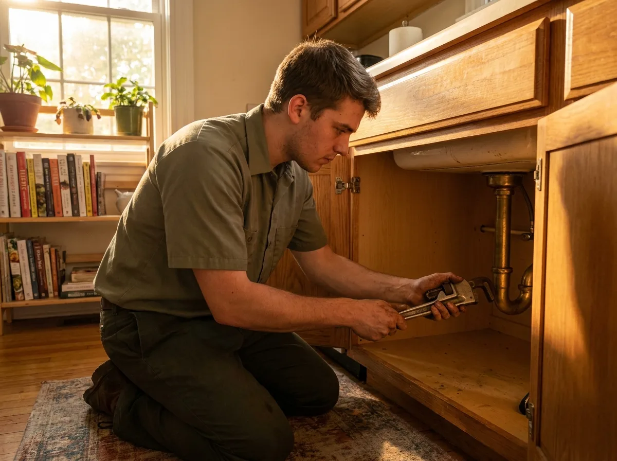 A plumber kneels at an open kitchen sink cabinet and works on the brass drain trap with a pipe wrench